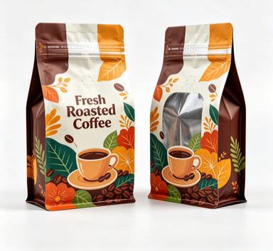 Aluminum Foil Eight Side Seal Coffee Bean Stand Up Pouch With Clear Window And Resealable Zipper
